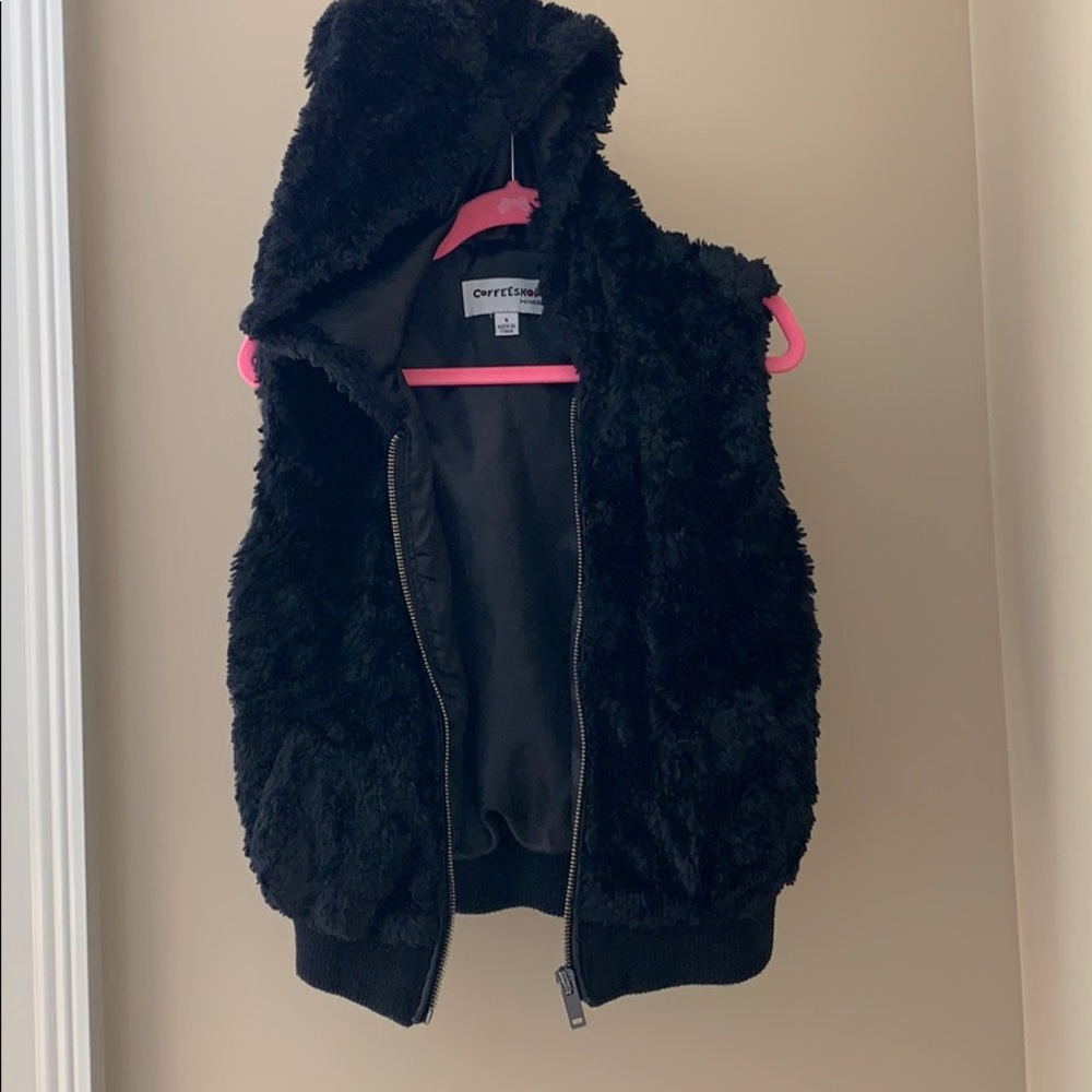 Black faux fur vest with hood